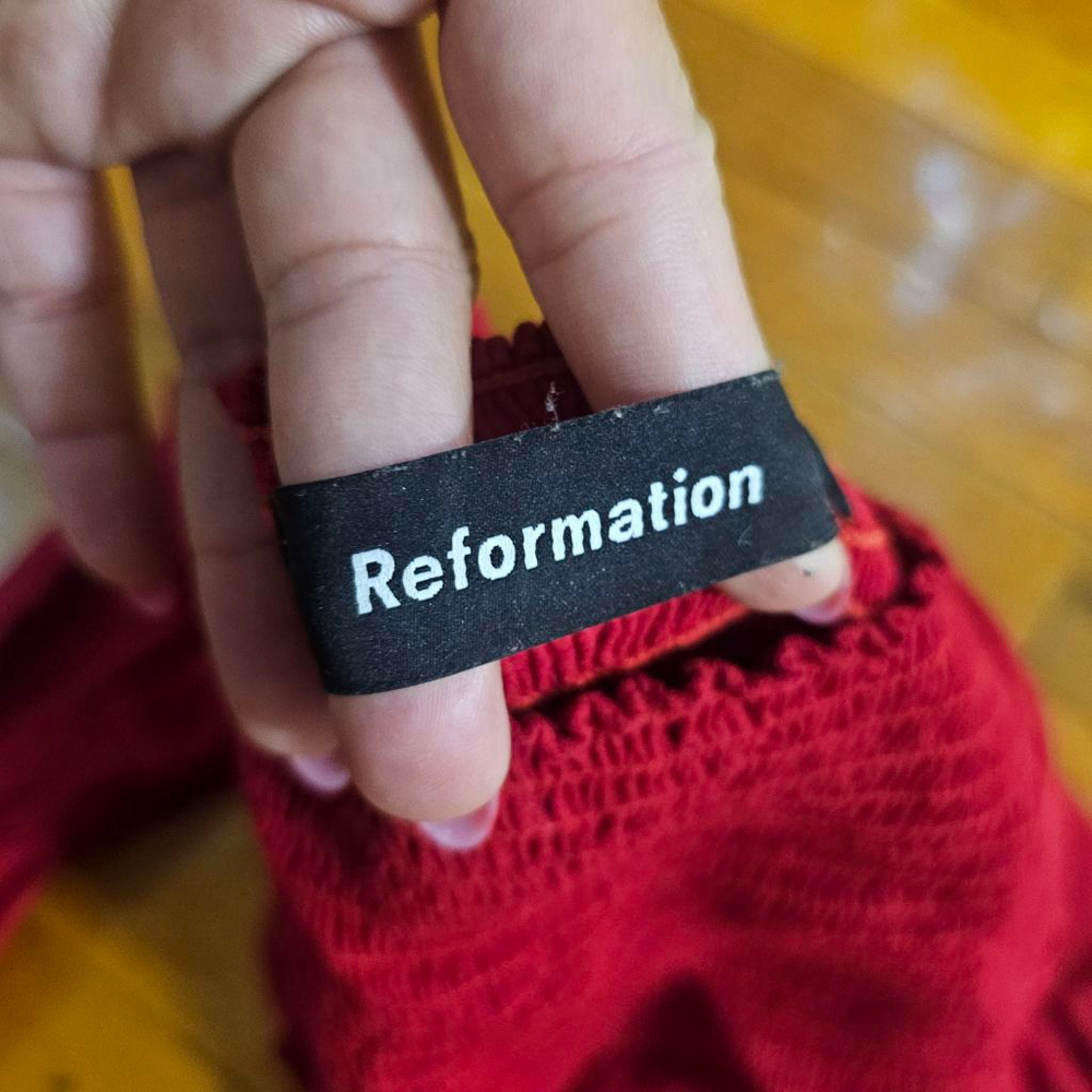 Reformation Red Smocked Cropped Peasant Top - Picture 5 of 7